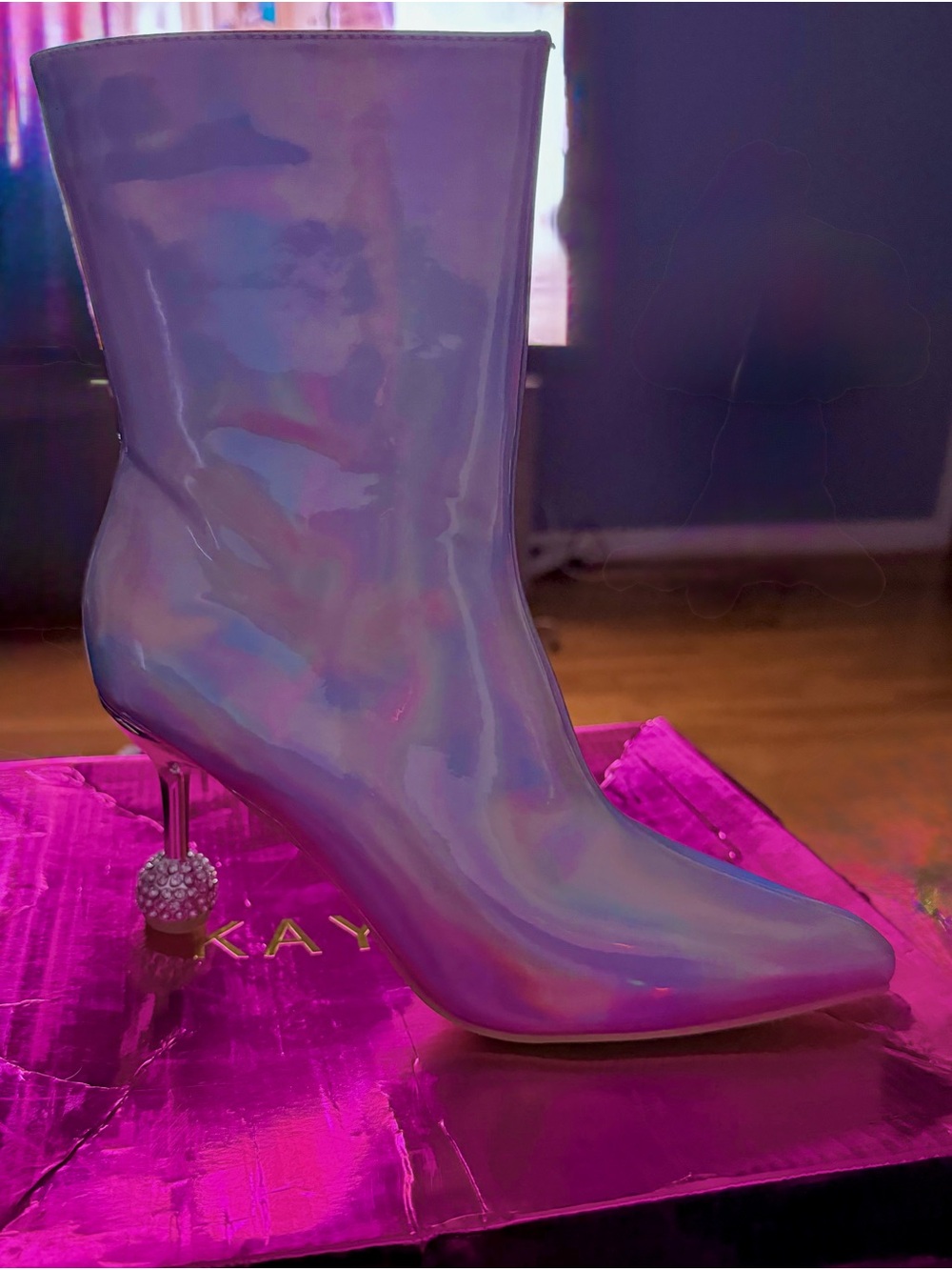 Iridescent Silver Ankle Bootie with Decorative Heel - Women